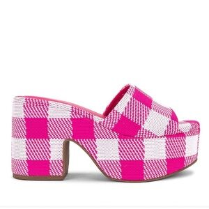Larroude Miso Platform Sandal Gingham Pink and White size 10
